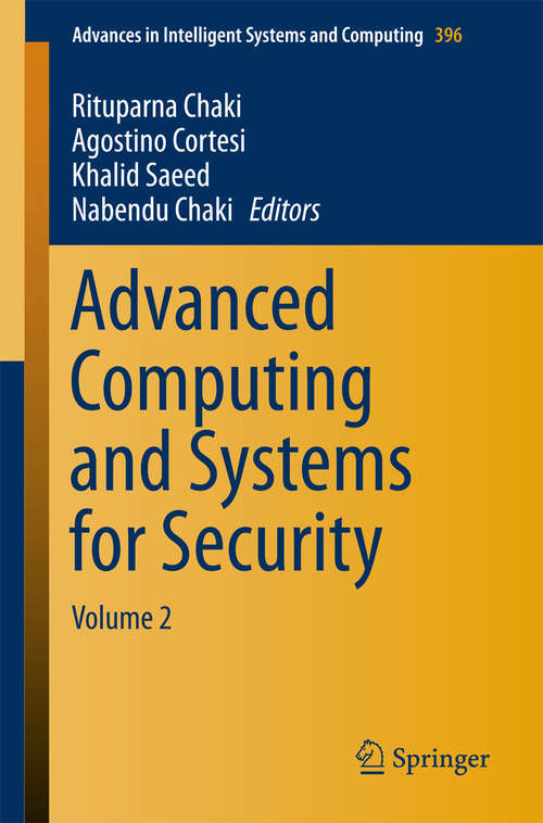 Book cover of Advanced Computing and Systems for Security: Volume 2 (Advances in Intelligent Systems and Computing #396)
