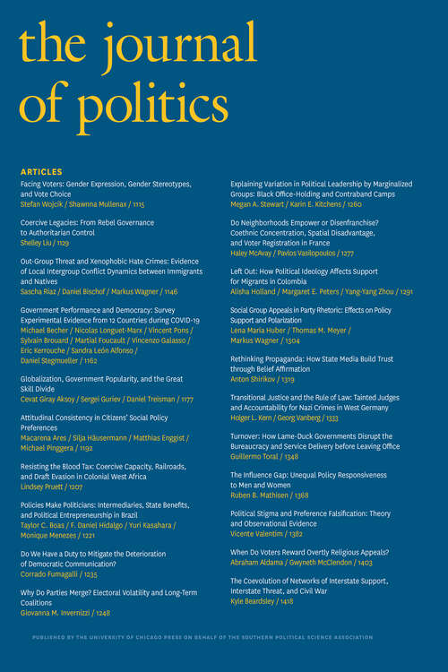 Book cover of The Journal of Politics, volume 86 number 4 (October 2024)