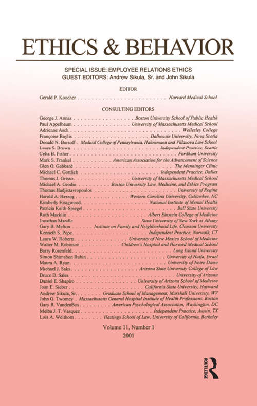 Book cover of Employee Relations Ethics: A Special Issue of ethics & Behavior (1)