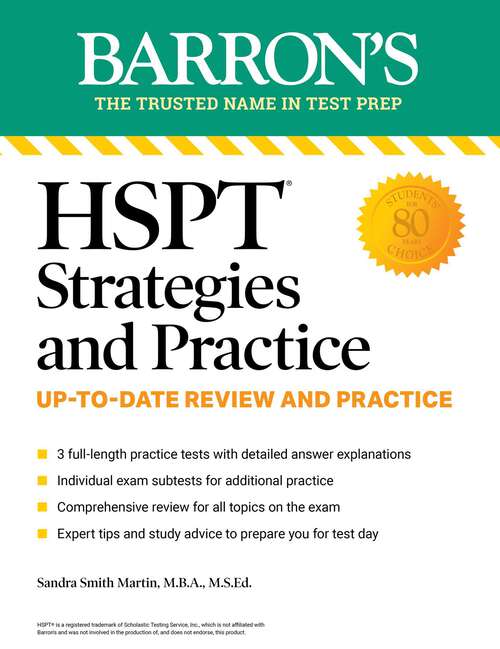 Book cover of HSPT Strategies and Practice, Second Edition: 3 Practice Tests + Comprehensive Review + Practice + Strategies (Second Edition) (Barron's Test Prep)