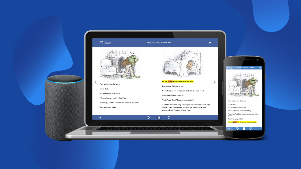 Bookshare Reader app suite on laptop, mobile phone, and Alexa smart speaker behind blue background