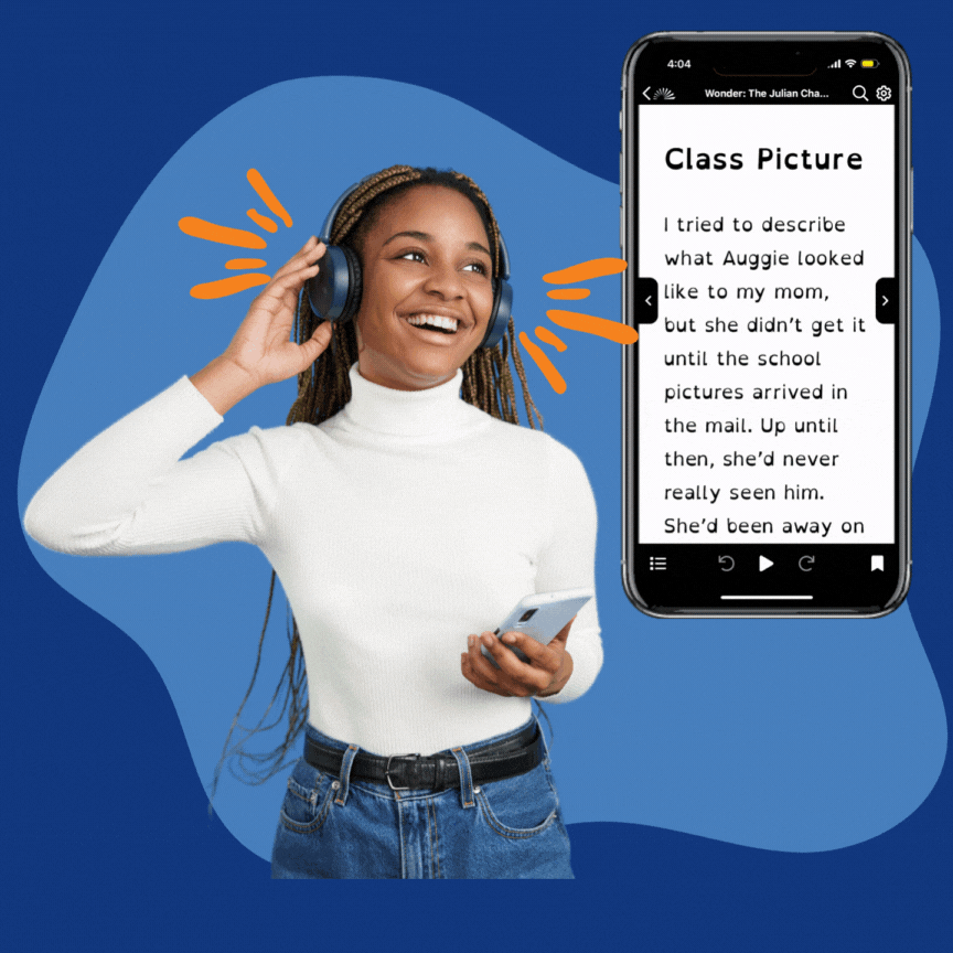 Smiling teen listens to headphones next to a smartphone showing a book being read with word highlighting.