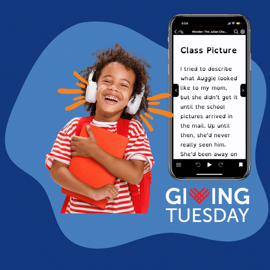 Smiling boy listens to headphones next to a smartphone showing a book being read with word highlighting. Giving Tuesday logo.